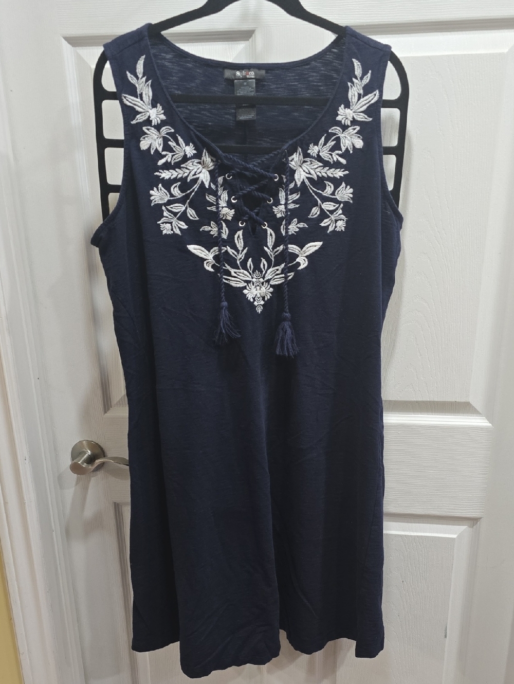 Style & Co. Navy Blue Sleeveless Dress with White Embroidered Neckline
